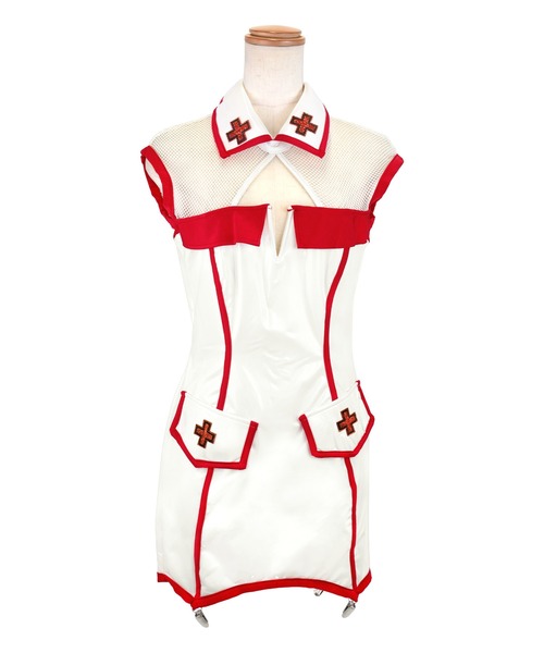 Tika（ティカ）の「コスプレ セクシー ナース デコルテメッシュ切替 レザー パイピング ワンピース 4点セット（コスチューム/パーティーグッズ・レディース・ホワイト×レッド・M）」の10枚目の写真