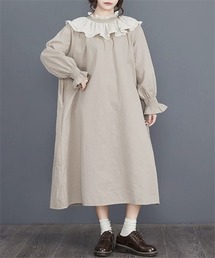 配色フリルロングワンピース