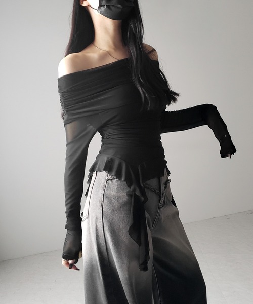 me+em select(ミームセレクト)の「※【 2color 】オフショルダーシアーフリルトップス / off shoulder sheer frill tops(その他トップス・レディース・ブラウン/ブラック・FREE)」の19枚目の写真