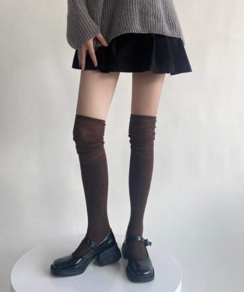 CALIFORNIA OUTFITTERS（カリフォルニア アウトフィッターズ）の「3-8E20 シアー切り替え ニーハイソックス（ソックス/靴下・レディース・ホワイト/ブラウン/グレー/ブラック・ONESIZE）」の4枚目の写真