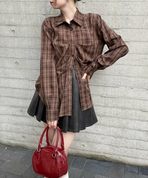 clear（クリア）の「タック入リチェック柄長袖シャツ［大人 カジュアル 着回し力抜群］≪再入荷≫（シャツ/ブラウス・レディース・ブラウン/グレー/グリーン・F）」の15枚目の写真