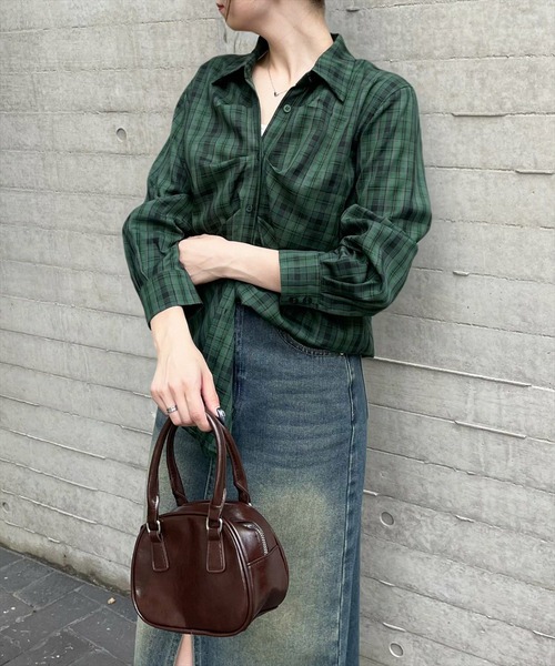 clear（クリア）の「タック入リチェック柄長袖シャツ［大人 カジュアル 着回し力抜群］≪再入荷≫（シャツ/ブラウス・レディース・ブラウン/グレー/グリーン・F）」の18枚目の写真
