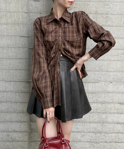 clear（クリア）の「タック入リチェック柄長袖シャツ［大人 カジュアル 着回し力抜群］≪再入荷≫（シャツ/ブラウス・レディース・ブラウン/グレー/グリーン・F）」の4枚目の写真