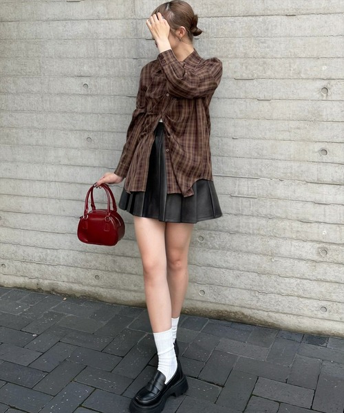 clear（クリア）の「タック入リチェック柄長袖シャツ［大人 カジュアル 着回し力抜群］≪再入荷≫（シャツ/ブラウス・レディース・ブラウン/グレー/グリーン・F）」の5枚目の写真