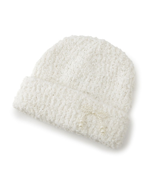 SHOO・LA・RUE（シューラルー）の「パール調リボンポコポコニット帽子（ニットキャップ/ビーニー・キッズ・オフホワイト/ベビーピンク・99）」の6枚目の写真