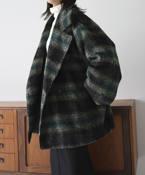 hellam(へラム)の「チェックコクーンミドルコート(ピーコート・レディース・ブラウン/ブルー・FREE)」の6枚目の写真