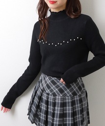裏起毛 パール付き メロウ フリル リブ ニット プルオーバー