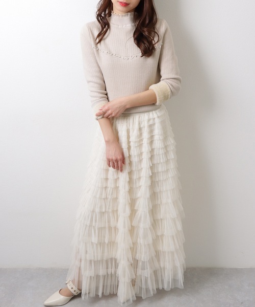 Lace Ladies(レースレディース)の「裏起毛 パール付き メロウ フリル リブ ニット プルオーバー(ニット/セーター・レディース・アイボリー/グレイッシュベージュ/ブラック/ホワイト・FREE)」の12枚目の写真