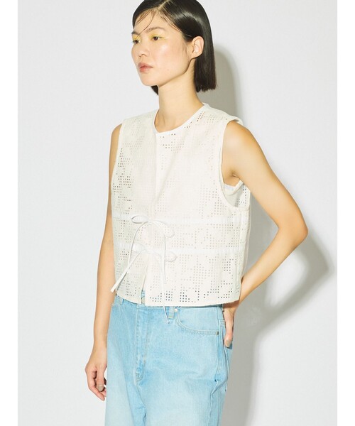 MIDIUMISOLID / ミディウミソリッド MIDIUMISOLID for Ladies ノースリーブカットジャガードレーストップス セール】MIDIUMISOLID for Ladies レースショートベスト（ベスト