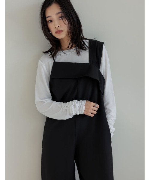 Re:EDIT（リエディ）の「[2025SS COLLECTION][オケージョン セレモニー][低身長/高身長サイズ有]ストレッチミックスツイルアシンメトリーデザインオールインワン（サロペット/オーバーオール・レディース・ブラック/チャコールグレー/キャメル・SHORT/MEDIUM/TALL/LARGE）」の18枚目の写真