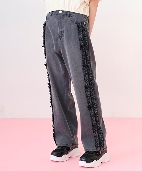 セール】サイドフリルストレートデニムパンツ（デニムパンツ）｜mezzo