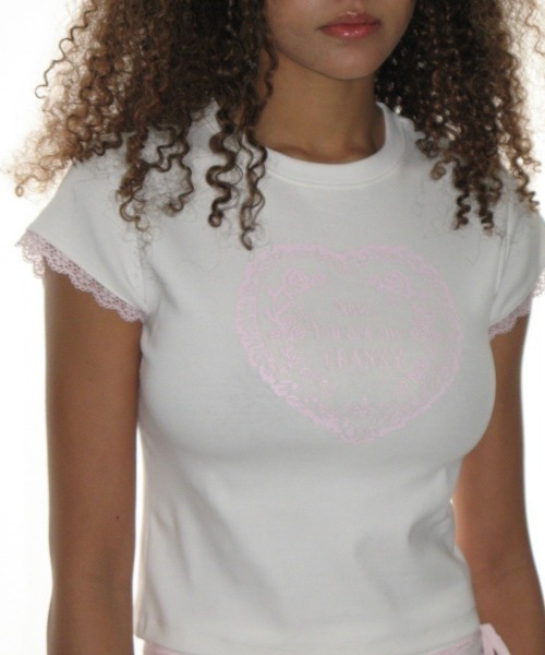 CRANK（クランク）の「【CRANK】LACE HEART PRINTING TOP / 【クランク】レースハートプリントTシャツ（Tシャツ/カットソー・レディース・ブラック/ライトブルー/ホワイト・ONE SIZE）」の9枚目の写真