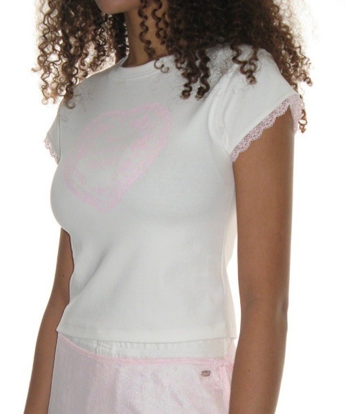 CRANK（クランク）の「【CRANK】LACE HEART PRINTING TOP / 【クランク】レースハートプリントTシャツ（Tシャツ/カットソー・レディース・ブラック/ライトブルー/ホワイト・ONE SIZE）」の10枚目の写真