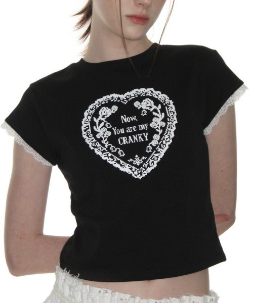 CRANK（クランク）の「【CRANK】LACE HEART PRINTING TOP / 【クランク】レースハートプリントTシャツ（Tシャツ/カットソー・レディース・ブラック/ライトブルー/ホワイト・ONE SIZE）」の14枚目の写真