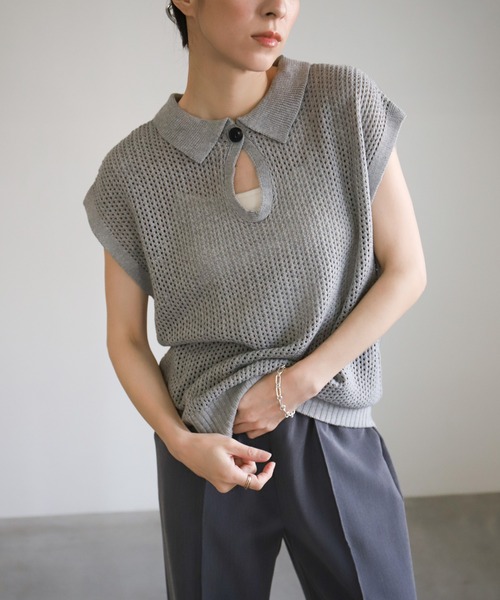select MOCA(セレクトモカ)の「ドロップオープンメッシュニットトップス(ニット/セーター・レディース・モカ/ブラック/アイボリー/グレー・FREE)」の3枚目の写真
