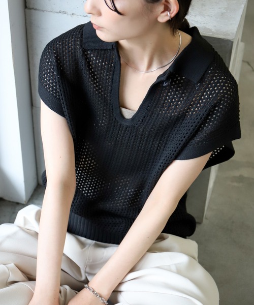 select MOCA(セレクトモカ)の「ドロップオープンメッシュニットトップス(ニット/セーター・レディース・モカ/ブラック/アイボリー/グレー・FREE)」の1枚目の写真