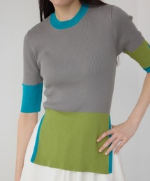 PLUS（プラス）の「【PLUS】カラーブロッキング5分袖ニット（ニット/セーター）」