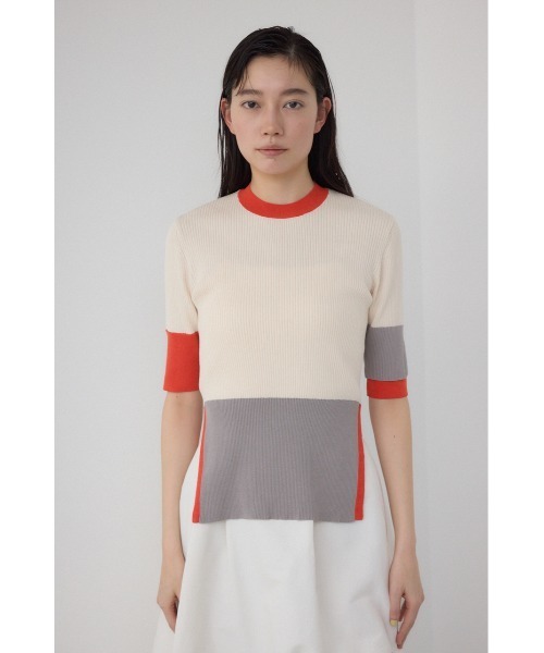 【PLUS】カラーブロッキング5分袖ニット/レディース/トップス ニット  5分・7分袖 ブランド AZUL PLUS【SALE】 PLUS（AZUL BY MOUSSY） ニット セーター 「PLUS」カラー