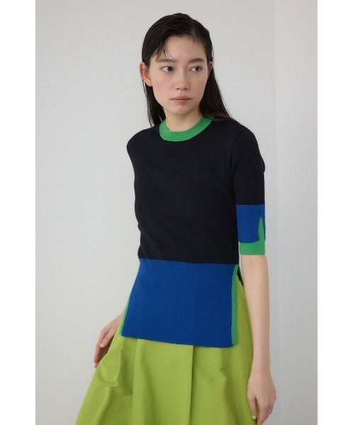 【PLUS】カラーブロッキング5分袖ニット/レディース/トップス ニット  5分・7分袖 ブランド AZUL PLUS【SALE】 セール】【PLUS】カラーブロッキング5分袖ニット（ニット