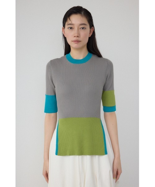 【PLUS】カラーブロッキング5分袖ニット/レディース/トップス ニット  5分・7分袖 ブランド AZUL PLUS【SALE】 セール】【PLUS】カラーブロッキング5分袖ニット（ニット