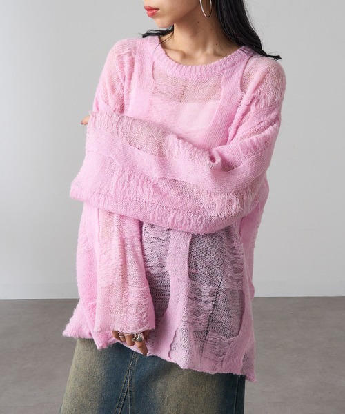 MAGASIN DE MODE Onjna(マガジンデモードオンジェナ )の「【MAGASIN DE MODE Onjna】パターンモヘアローゲージニット プルオーバー ダメージニット ヴィンテージライク オーバーサイズ Y2K 韓国 XNN(ニット/セーター・レディース・ブラック/ピンク/ブラウン/アイボリー・FREE)」の4枚目の写真