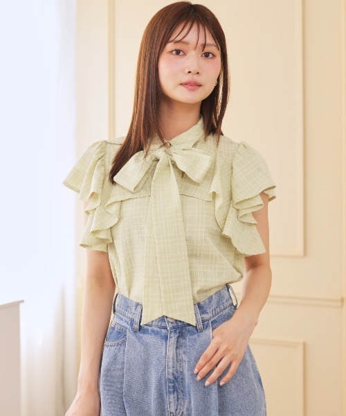 AND COUTURE(アンドクチュール)の「シアーチェックフリルリボンブラウス(シャツ/ブラウス・レディース・ネイビー/グリーン/オフホワイト・FREE)」の2枚目の写真