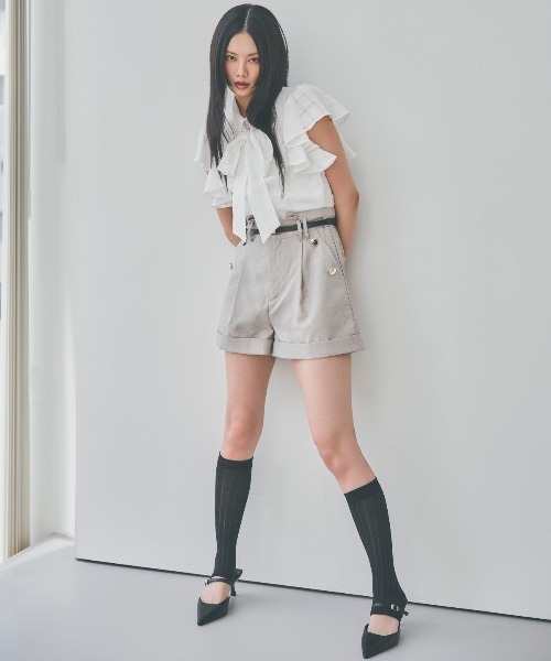 AND COUTURE(アンドクチュール)の「シアーチェックフリルリボンブラウス(シャツ/ブラウス・レディース・ネイビー/グリーン/オフホワイト・FREE)」の6枚目の写真
