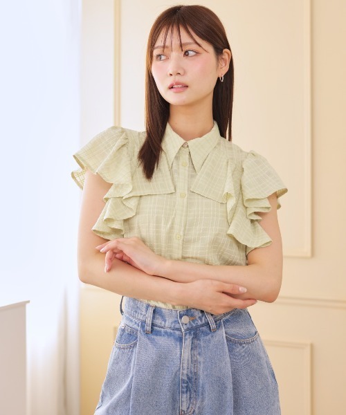 AND COUTURE(アンドクチュール)の「シアーチェックフリルリボンブラウス(シャツ/ブラウス・レディース・ネイビー/グリーン/オフホワイト・FREE)」の7枚目の写真