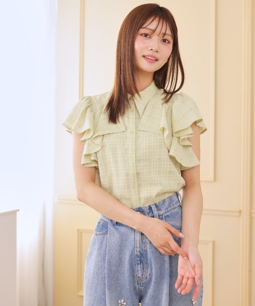 AND COUTURE(アンドクチュール)の「シアーチェックフリルリボンブラウス(シャツ/ブラウス・レディース・ネイビー/グリーン/オフホワイト・FREE)」の8枚目の写真