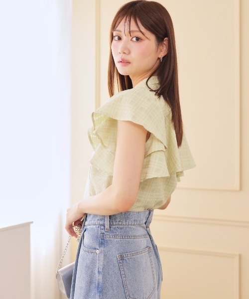 AND COUTURE(アンドクチュール)の「シアーチェックフリルリボンブラウス(シャツ/ブラウス・レディース・ネイビー/グリーン/オフホワイト・FREE)」の9枚目の写真