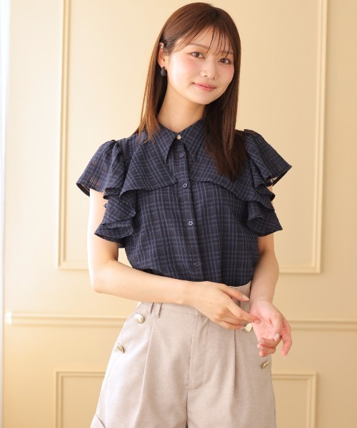 AND COUTURE(アンドクチュール)の「シアーチェックフリルリボンブラウス(シャツ/ブラウス・レディース・ネイビー/グリーン/オフホワイト・FREE)」の14枚目の写真