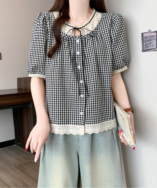 AMAJI（アマジ）の「リボンネックギンガムチェックブラウス（シャツ/ブラウス・レディース・ブラック/ネイビー・LARGE/X-LARGE）」の3枚目の写真