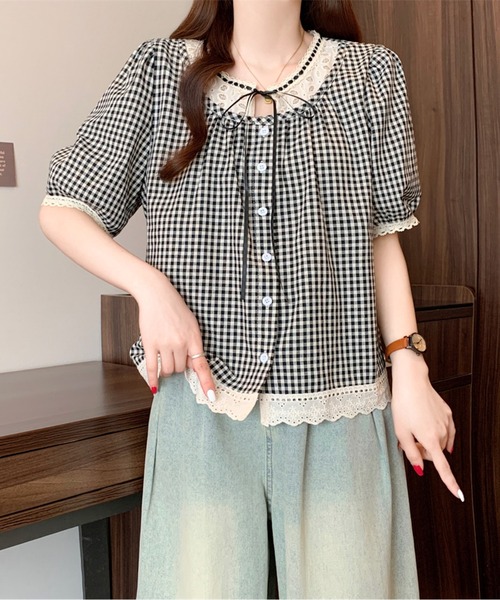 AMAJI（アマジ）の「リボンネックギンガムチェックブラウス（シャツ/ブラウス・レディース・ブラック/ネイビー・LARGE/X-LARGE）」の4枚目の写真