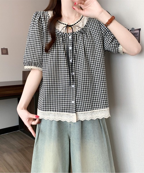 AMAJI（アマジ）の「リボンネックギンガムチェックブラウス（シャツ/ブラウス・レディース・ブラック/ネイビー・LARGE/X-LARGE）」の5枚目の写真