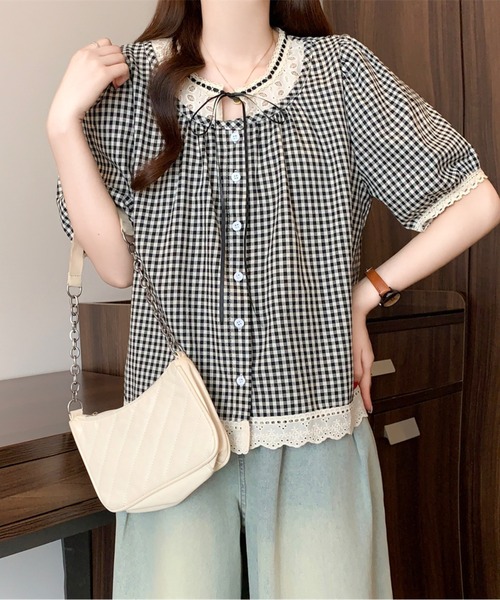 AMAJI（アマジ）の「リボンネックギンガムチェックブラウス（シャツ/ブラウス・レディース・ブラック/ネイビー・LARGE/X-LARGE）」の6枚目の写真