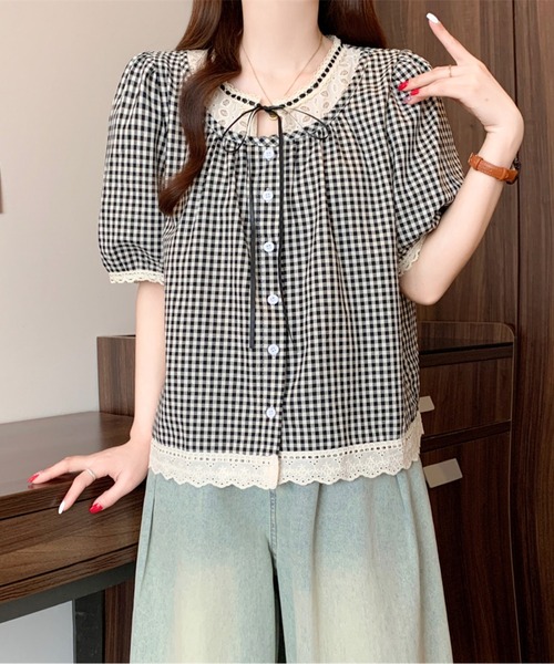 AMAJI（アマジ）の「リボンネックギンガムチェックブラウス（シャツ/ブラウス・レディース・ブラック/ネイビー・LARGE/X-LARGE）」の7枚目の写真