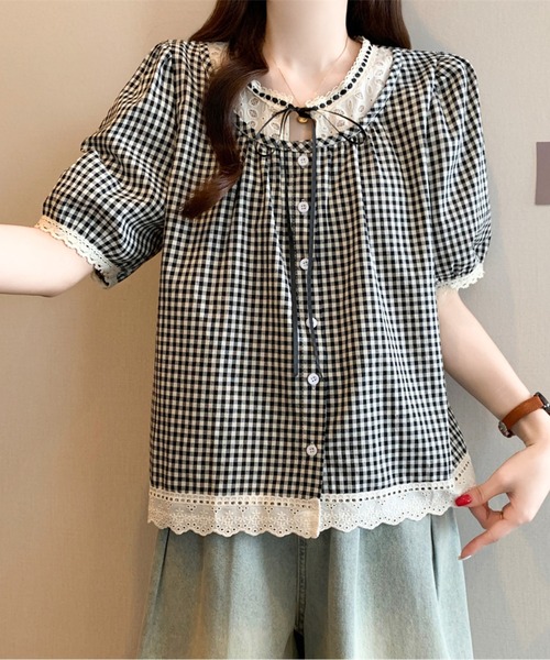 AMAJI（アマジ）の「リボンネックギンガムチェックブラウス（シャツ/ブラウス・レディース・ブラック/ネイビー・LARGE/X-LARGE）」の8枚目の写真