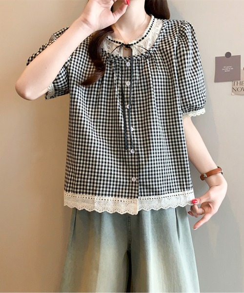 AMAJI（アマジ）の「リボンネックギンガムチェックブラウス（シャツ/ブラウス・レディース・ブラック/ネイビー・LARGE/X-LARGE）」の9枚目の写真