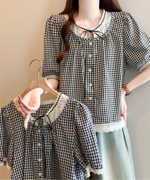 AMAJI（アマジ）の「リボンネックギンガムチェックブラウス（シャツ/ブラウス・レディース・ブラック/ネイビー・LARGE/X-LARGE）」の11枚目の写真