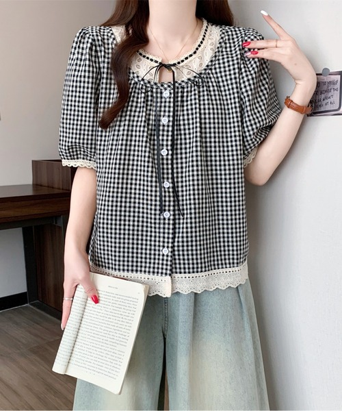 AMAJI（アマジ）の「リボンネックギンガムチェックブラウス（シャツ/ブラウス・レディース・ブラック/ネイビー・LARGE/X-LARGE）」の10枚目の写真