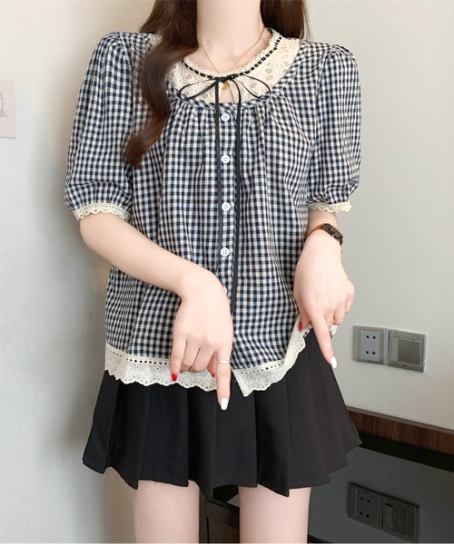 AMAJI（アマジ）の「リボンネックギンガムチェックブラウス（シャツ/ブラウス・レディース・ブラック/ネイビー・LARGE/X-LARGE）」の12枚目の写真