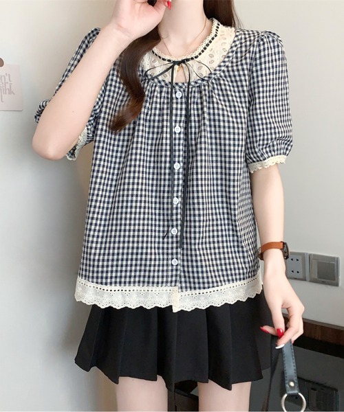 AMAJI（アマジ）の「リボンネックギンガムチェックブラウス（シャツ/ブラウス・レディース・ブラック/ネイビー・LARGE/X-LARGE）」の13枚目の写真