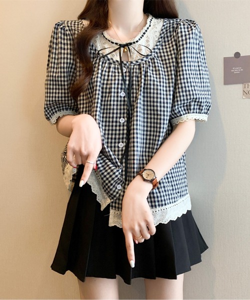AMAJI（アマジ）の「リボンネックギンガムチェックブラウス（シャツ/ブラウス・レディース・ブラック/ネイビー・LARGE/X-LARGE）」の14枚目の写真