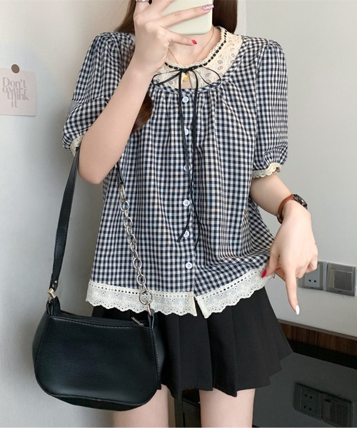 AMAJI（アマジ）の「リボンネックギンガムチェックブラウス（シャツ/ブラウス・レディース・ブラック/ネイビー・LARGE/X-LARGE）」の15枚目の写真