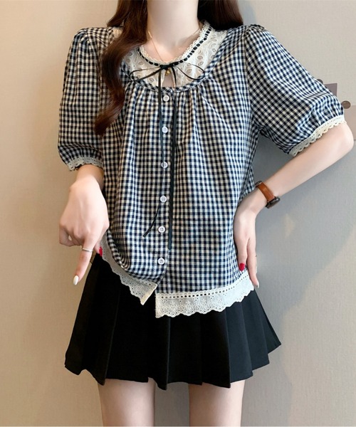 AMAJI（アマジ）の「リボンネックギンガムチェックブラウス（シャツ/ブラウス・レディース・ブラック/ネイビー・LARGE/X-LARGE）」の16枚目の写真