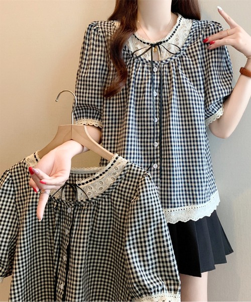 AMAJI（アマジ）の「リボンネックギンガムチェックブラウス（シャツ/ブラウス・レディース・ブラック/ネイビー・LARGE/X-LARGE）」の17枚目の写真