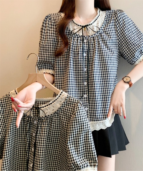AMAJI（アマジ）の「リボンネックギンガムチェックブラウス（シャツ/ブラウス・レディース・ブラック/ネイビー・LARGE/X-LARGE）」の18枚目の写真