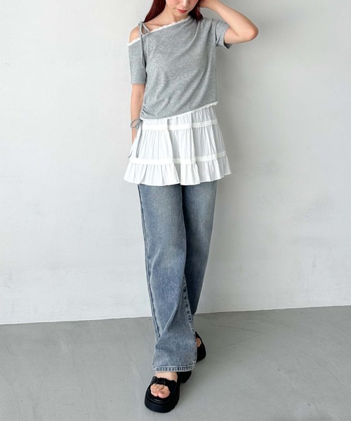 archives(アルシーヴ)の「レーストリミングワンショルカットTOPS(Tシャツ/カットソー・レディース・ネイビー/オフホワイト/グレー・MEDIUM)」の6枚目の写真