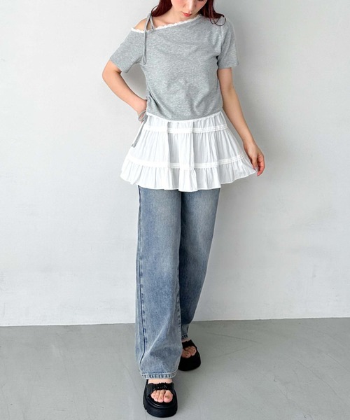 archives(アルシーヴ)の「レーストリミングワンショルカットTOPS(Tシャツ/カットソー・レディース・ネイビー/オフホワイト/グレー・MEDIUM)」の4枚目の写真