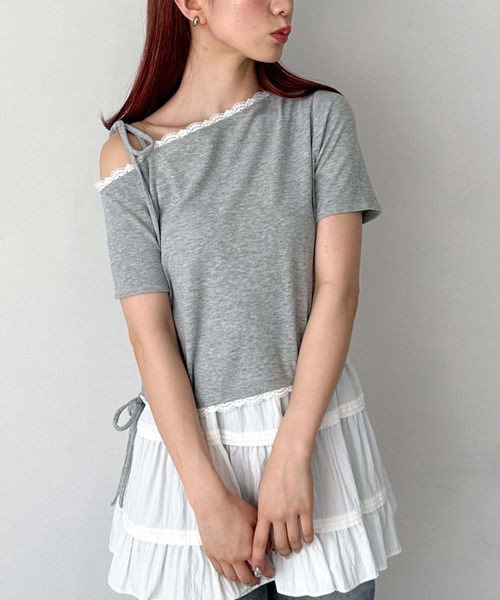 archives(アルシーヴ)の「レーストリミングワンショルカットTOPS(Tシャツ/カットソー・レディース・ネイビー/オフホワイト/グレー・MEDIUM)」の10枚目の写真